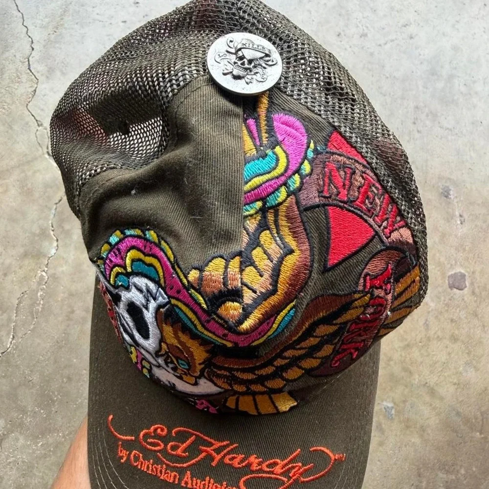 Y2K Ed Hardy embroidered trucker hat